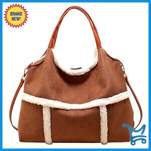 Large Suede Tote Bag with Faux Wool Lining Crossbody Shoulder Purse